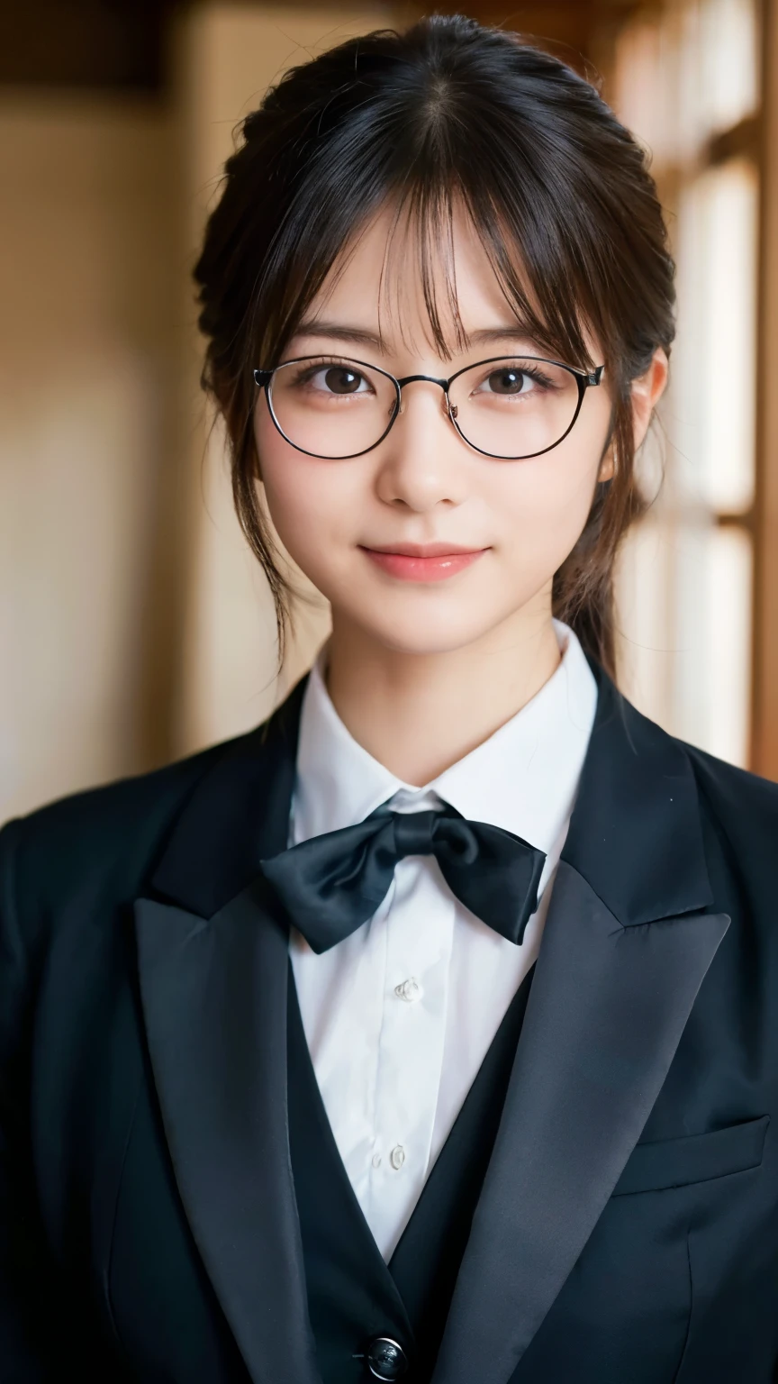 (Highest quality,masterpiece:1.3,Ultra-high resolution),(Very detailed,Caustics,8k),(Realistic:1.4,RAW shooting),A girl dressed as a butler,Japanese,boyish,smile,20-year-old,Short black hair,Glasses,Looking into the camera,Inside the Western-style building,Waist up shot,front,Face Focus,Face close-up,(Warm Light),Professional Writing