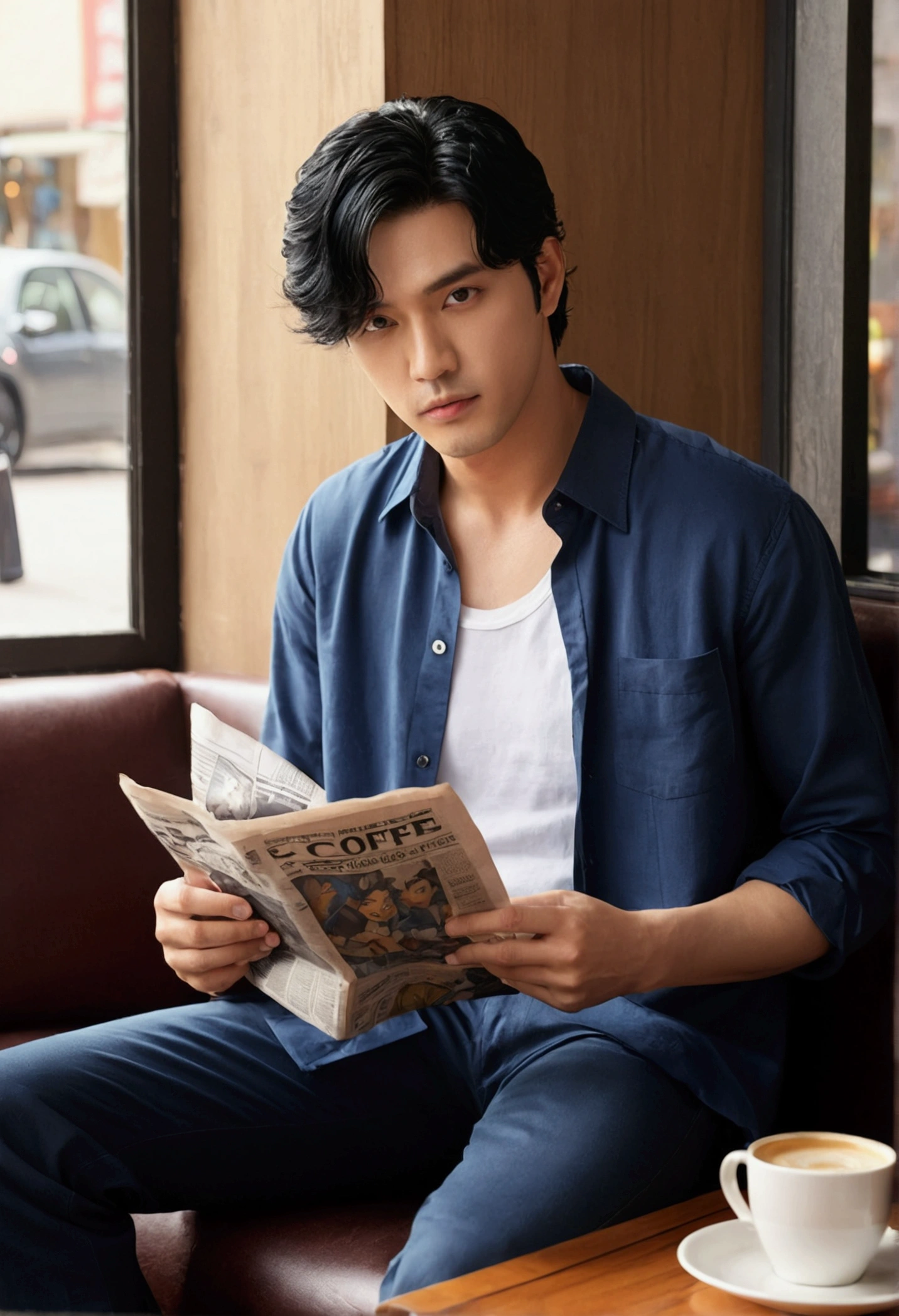 (Masterpiece:1.2, best quality), (Real picture, complicated details), alone, 1 male character, black hair, Take the whole body, shirt, informal, read newspaper, bad person, He is sitting on the sofa., In a coffee shop with a comfortable atmosphere, comfortable place