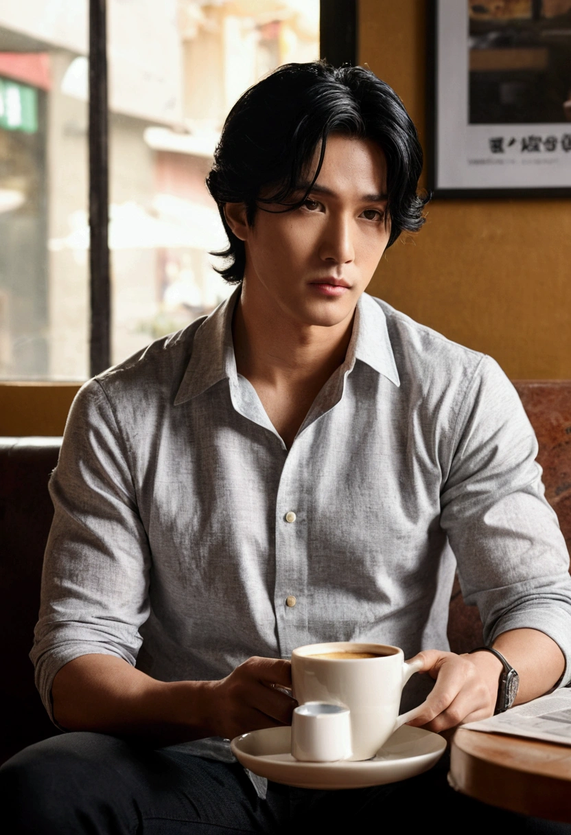 (Masterpiece:1.2, best quality), (Real picture, complicated details), alone, 1 male character, black hair, Take the whole body, shirt, informal, read newspaper, bad person, He is sitting on the sofa., In a coffee shop with a comfortable atmosphere, comfortable place