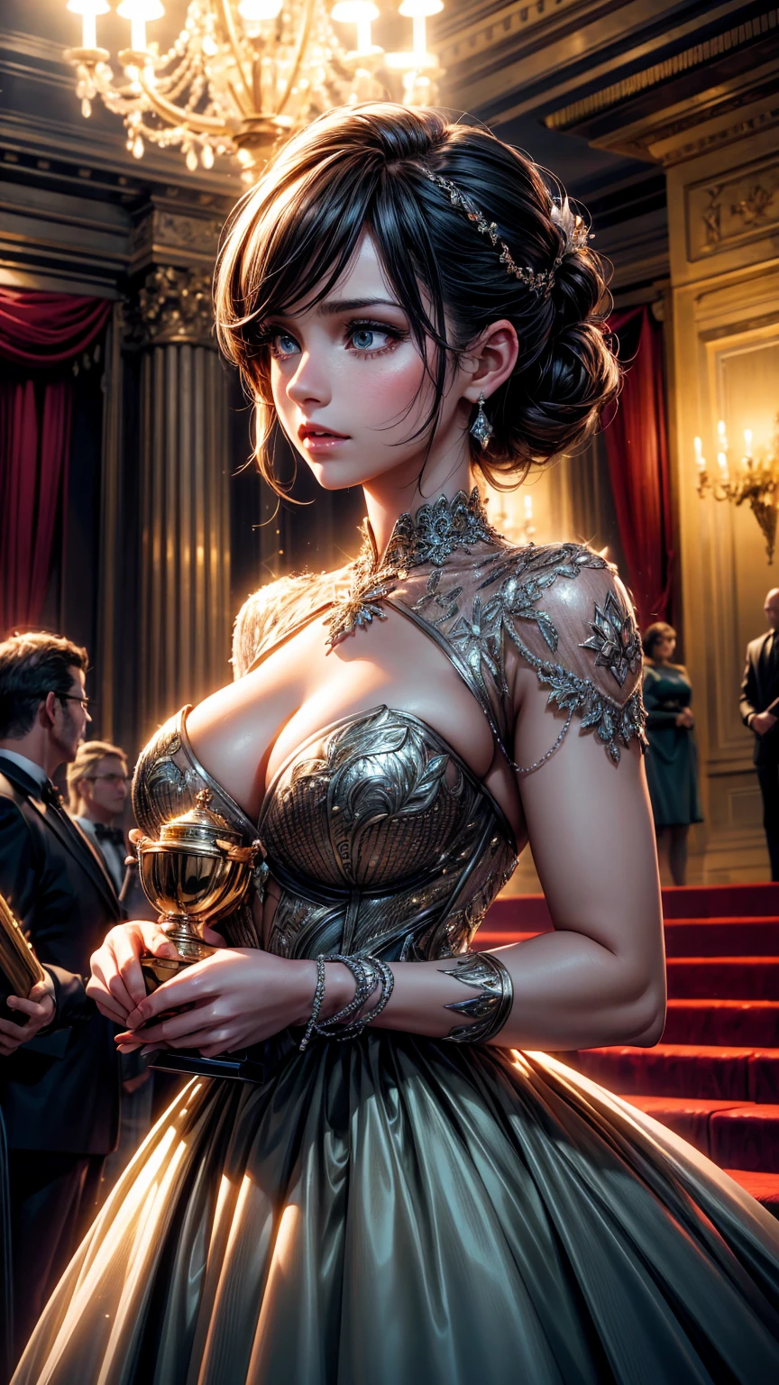 a woman receiving an award, elegant dress, formal occasion, emotional expression, joy, pride, trophy, spotlight, detailed portrait, cinematic lighting, photorealistic, high resolution, masterpiece, 8k, best quality, hyperrealistic, dramatic colors, warm tones, chiaroscuro lighting