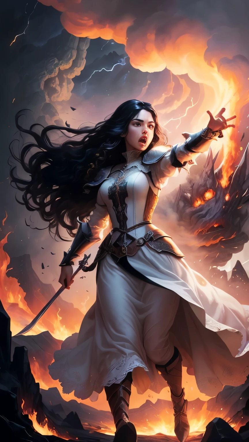 ((best quality)), ((masterpiece)), (detailed), A digital illustration of a furious woman in a full white princess dress with long black hair flying in the air surrounded by monsters, with a tornado and lava in the background