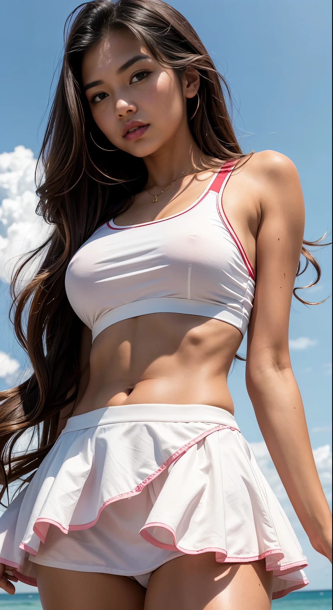 Malay girl, wavy hair, Brown Long Hair, red lips, White skirt, pink miniskirt, thighs exposed,white panties,shooting from below,wind from below,sky,
