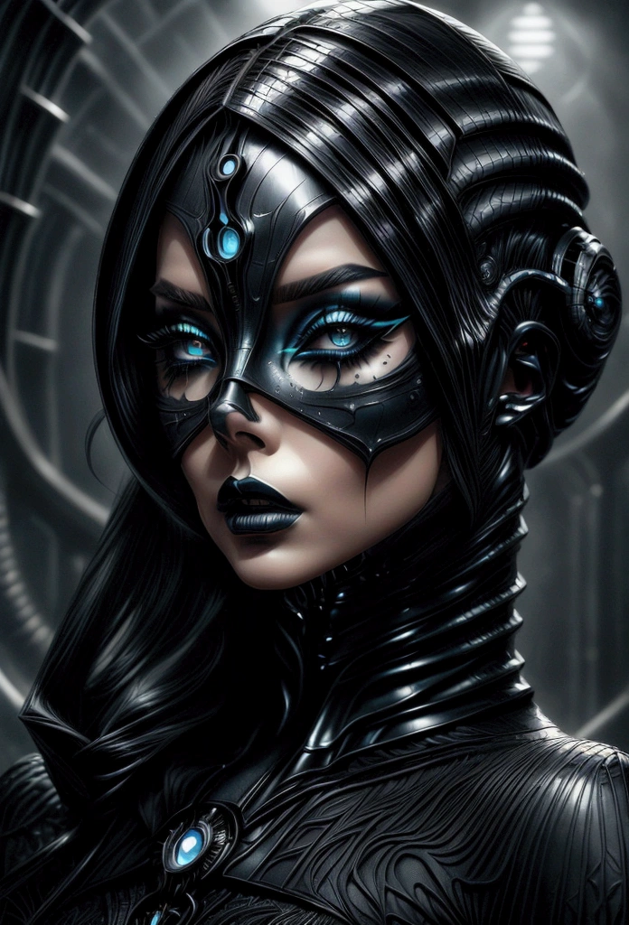 A woman with futuristic noir makeup inspired by Ridley Scott, utilizing dark, moody tones. Her skin has a metallic sheen, with deep blue and black shadows creating a mysterious, otherworldly look. Sharp eyeliner and shadow emphasize the eyes, adding a dramatic, enigmatic touch