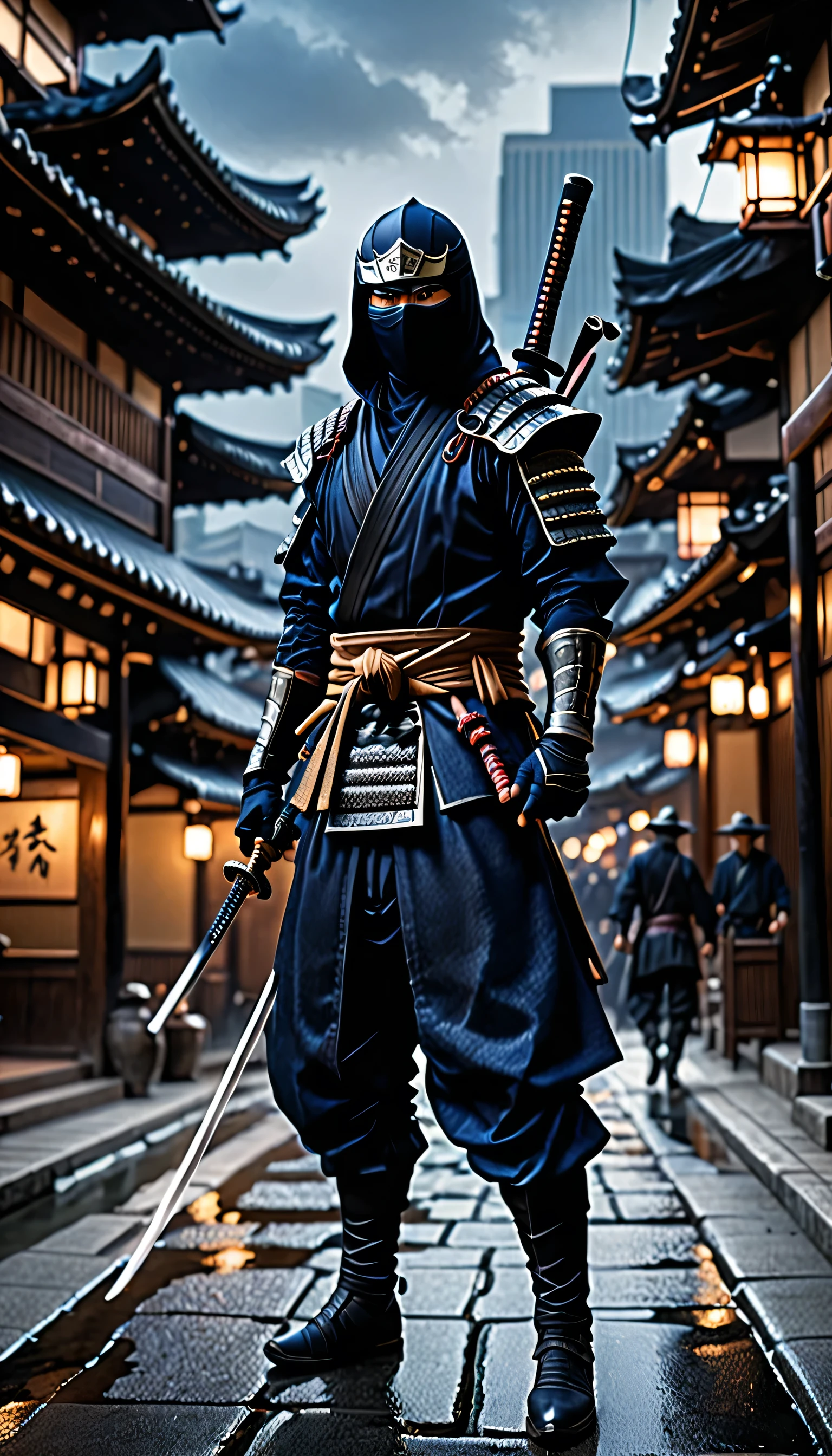 work of art, best qualityer, hires, 1 men, standing alone, standing alone focus, Japanese man wearing dark blue ninja suit, using katana, ninja, city scenery, realisitic, fashionable, details Intricate, hyperdetailed, cinematic, rim-light, atmosphere of danger, cowboy shot