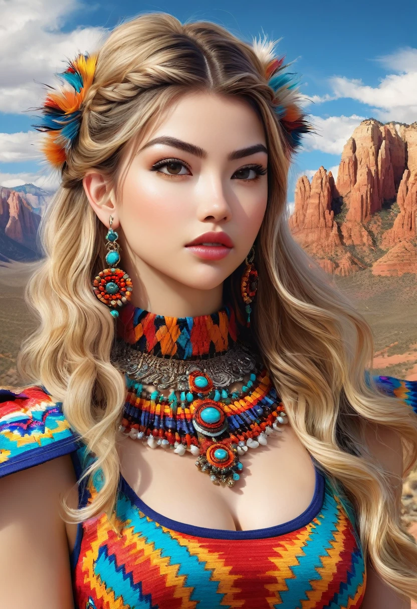 Beautiful boho women stunning merge of Masiela Lusha with colorful southwestern style dress. colorful southwestern earing and. jewelry, blond colored hair that is coarse, wiry, and tightly curled. It often has a rough texture, feels stiff to the touch, and may be prone to frizz and tangling. The curls can be densely packed. The Official Art – An Award-Winning Digital Masterpiece In 4K Ultra HD, Extreme Detail And Intricate Realism. symmetrical face. This Concept Art Brought To Life By The Hands Of Artists Like Wlop & Artgerm In A Stunning 2D Vector Illustration. large, perky, full, vuluptious, symmetrical and spherical breasts. Background is a beautiful panoramic vista of a red rock canyon.