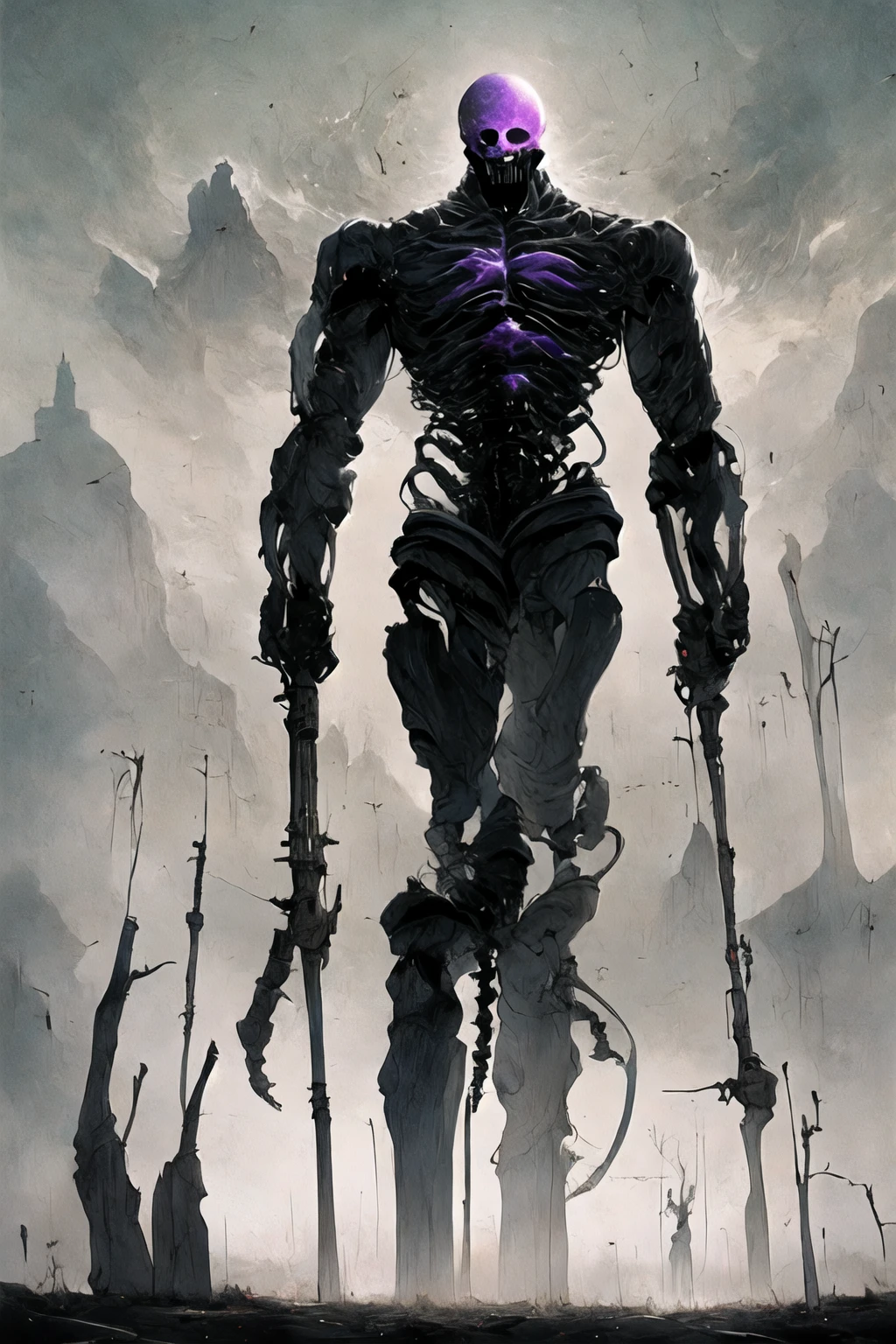 (((外見は圧縮した赤黒の金属破片の二足歩行したHumanoidモンスター)))Armored Battle Suit(((Modern Battle Suit)))形はHumanoid(((Modern weapons)))cyborg(((Oparts)))The shape is made up of purple glowing hearts.(((Humanoid)))骨格はHumanoid(((Perfect figure)))Muscle fibers are visible(((whole body装甲)))whole bodyに部品がついている(((黒いfog)))Barren Land,dead tree,fog,chaotic background(((Battle Scenes)))Overwhelmingly strong(((Glossy feel)))whole body(((Highest quality)))。