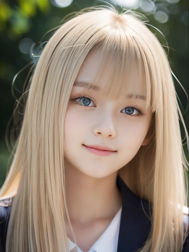 Portrait、School uniforms、Bright expression、Younger, brighter, whiter skin、Best Looks、Blonde reflection、Platinum blonde hair with dazzling highlights、Shiny bright hair,、Super long, silky straight hair、Shiny beautiful bangs、Sparkling, clear, attractive big blue eyes、A very beautiful, lovely and cute 16 year old girl、Ample breasts、