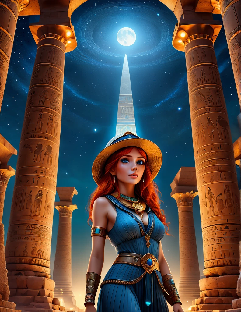 a cinematic picture of a beautiful redhead explorer, she wears a bucket hat, walking passionately in an enigmatic Egyptian Mega Pyramid with gigantic towering pillars, in a bright strange starry night and bluish moonlit, her eyes mesmerizingly Amazed, insanely detailed and intricate Ancient Egyptian Scene
