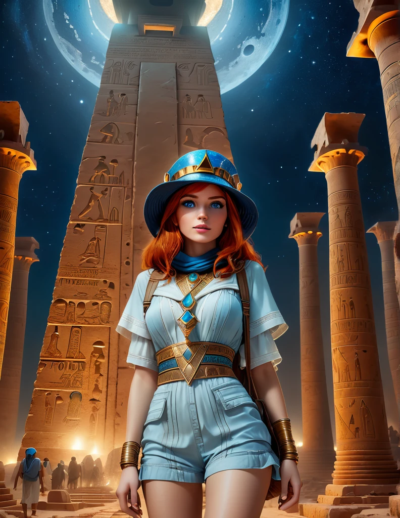 a cinematic picture of a beautiful redhead explorer, she wears a bucket hat, walking passionately in an enigmatic Egyptian Mega Pyramid with gigantic towering pillars, in a bright strange starry night and bluish moonlit, her eyes mesmerizingly Amazed, insanely detailed and intricate Ancient Egyptian Scene