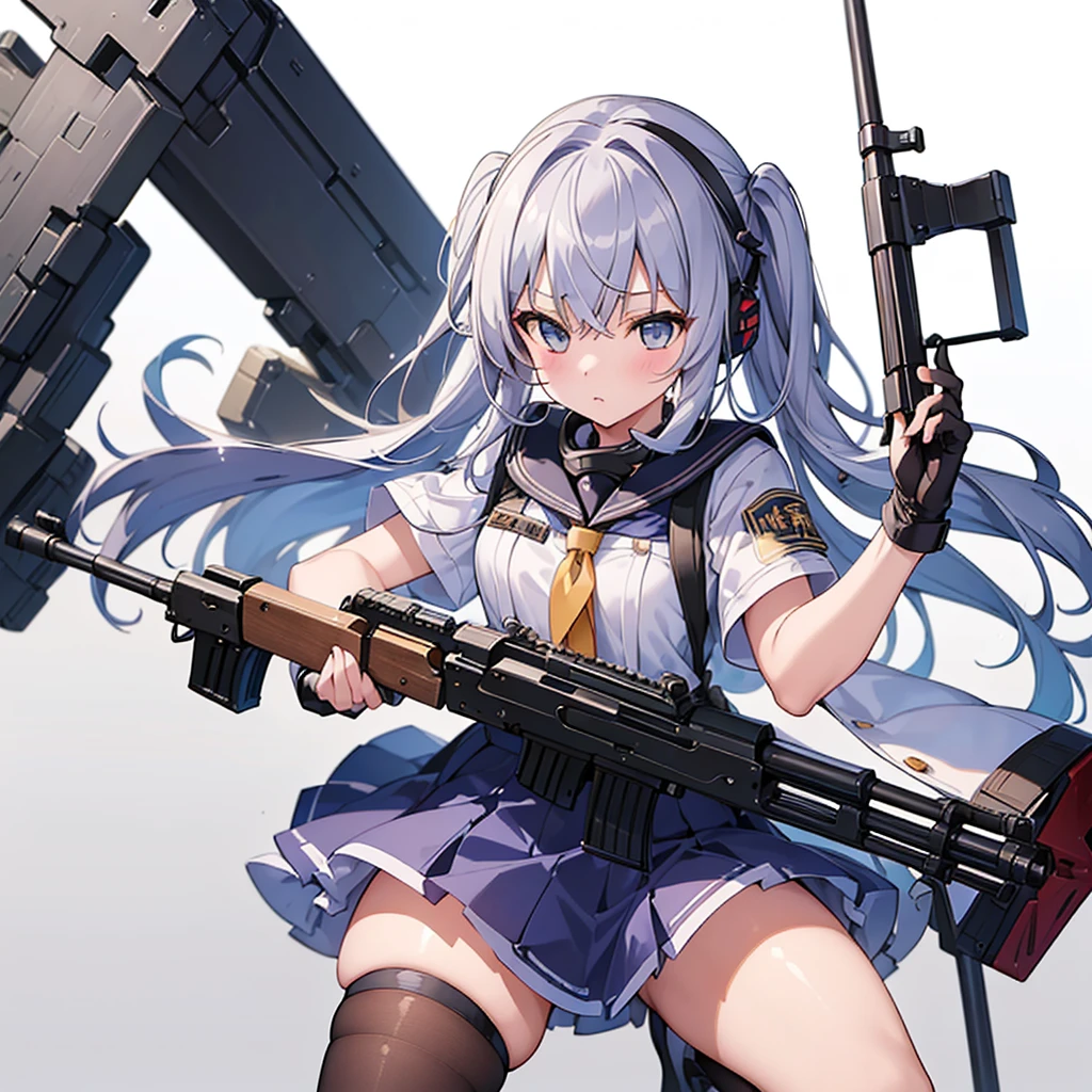 1girl、(((Highest quality、Masterpiece、Official Art、The best dynamic composition、Super detailed)))、Sniper high school girl、Black Sailor Suit、Anime Style、Creative outfits、、Unique and original hairstyle、 holding_gun、QBU10,うつぶせになってgunをかまえサイトを覗きこんでいる、To the audience、White Background, Holding, Holding 武器, gun, Holding gun, Armband, rifle, Grey Skirt, headset, assault rifle, grey gloves,