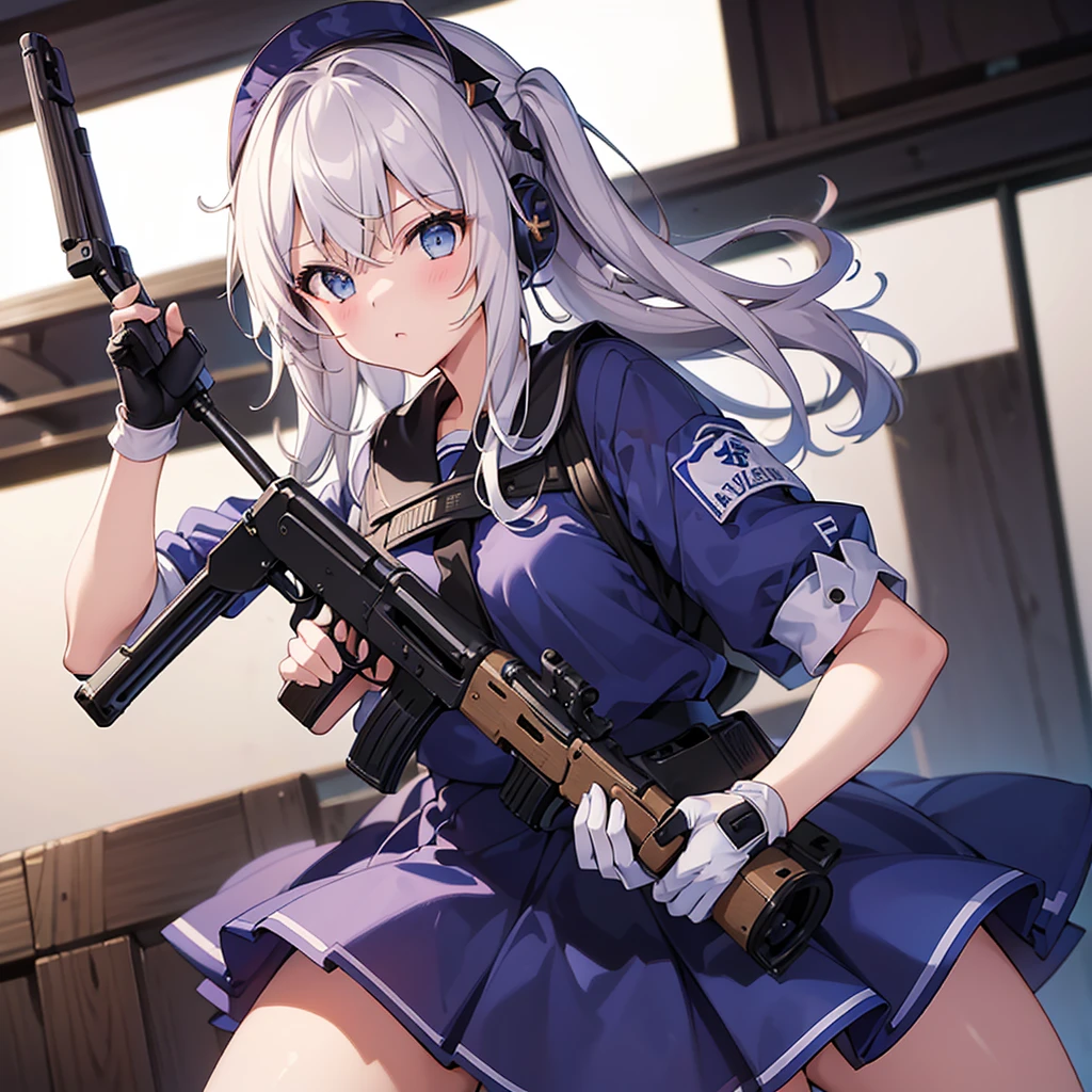 1girl、(((Highest quality、Masterpiece、Official Art、The best dynamic composition、Super detailed)))、Sniper high school girl、Black Sailor Suit、Anime Style、Creative outfits、、Unique and original hairstyle、 holding_gun、QBU10,うつぶせになってgunをかまえサイトを覗きこんでいる、To the audience、White Background, Holding, Holding 武器, gun, Holding gun, Armband, rifle, Grey Skirt, headset, assault rifle, grey gloves,