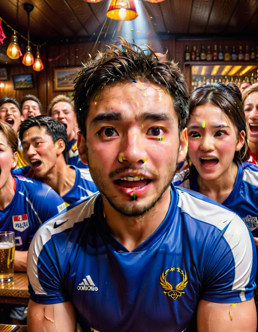 A large crowd celebrating the victory of their Olympic team at a sports bar、A person who sheds tears of joy々Detailed depiction of、Dramatic lighting、Ultra-realistic、Cinematic、Award-winning photography、Vibrant colors、Super detailed、8k、Highest quality、masterpiece