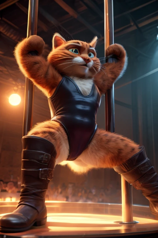 a boy and a girl in leotards doing pole dancing, DreamWorks animated movie Puss in Boots style, highly detailed, ultra-realistic, 8k, sharp focus, studio lighting, vivid colors, volumetric lighting, dramatic lighting, cinematic, masterpiece
