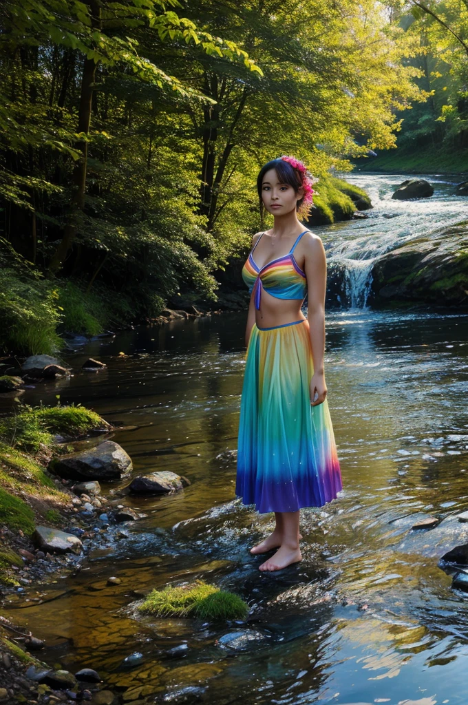 The water of the river was shining and the colours of the rainbow were shimmering in it. Suddenly a fairy appeared.