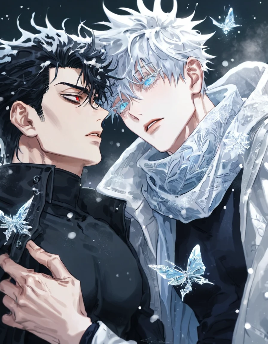 (absurdres, highres, ultra detailed, HDR) master piece, best quality, extremely detailed face, delicated features, Gojou Satoru, white hair, expressive blue eyes, white eyelashes, Jujutsu Kaisen, Yoo Joonghyuk, black hair, hair between the eyes, expressive red eyes, two sexy men together, yaoi, gay couple, white coat, black coat, black tight shirt, scarf, snowing, snow, snowflakes, ice butterflies, night sky, magical, fantasy, winter