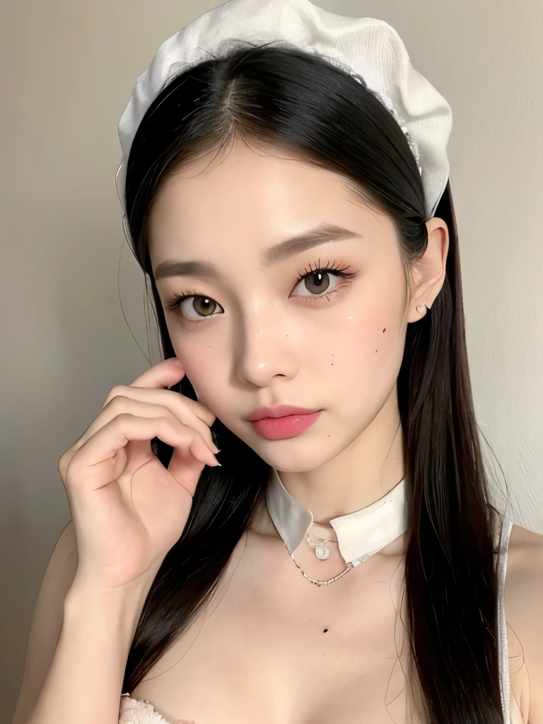 Kim Jennie with black hair, with curlers at the ends, Brown eyes, beautiful eyes, crying eyes, beautiful, splash your nose, watery nose, beautiful lips, pink lips, heart and cupid shaped lip, beautiful skin, pale white skin, with moles and freckles all over his face, soft pink blush on cheeks, soft pink makeup, Nice neck, marked collar, tender look, with a kiss necklace, while wearing a corset, corset blanco, beautiful corset, as long as you have a slim and beautiful abdomen, while wearing underwear, tiny underwear with white corset, (big breasts, soft breasts, beautifuls pechos), while doing a sexy pose, village, looking to the camera