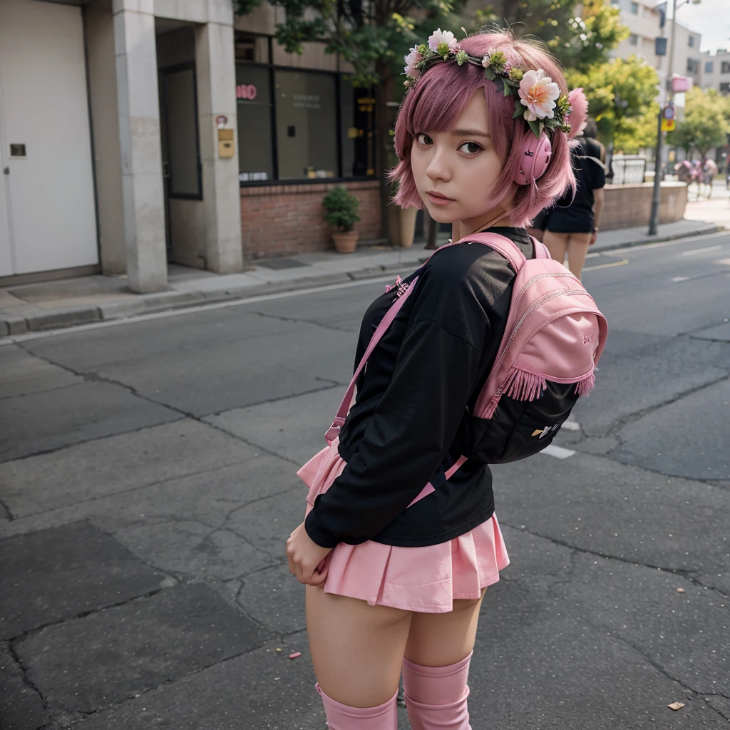 anime character, She has a flower crown and pink eardrop headphones., short hair with a skin-colored fringe, clothing has a black shirt with pink details with a short skirt with long black boots with a backpack of a sun