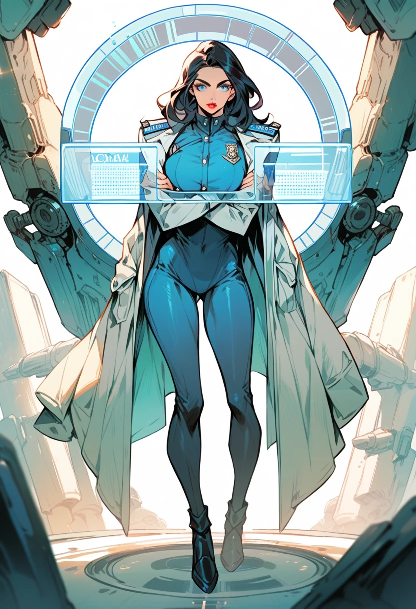 (High Definition) defined face, full body image, hologram of a beautiful woman, crossing arms, long dark hair and blue eyes, pale red lips, wearing sexy tight white military officer outfit with miniskirt, standing in the middle of the bridge of a spaceship.