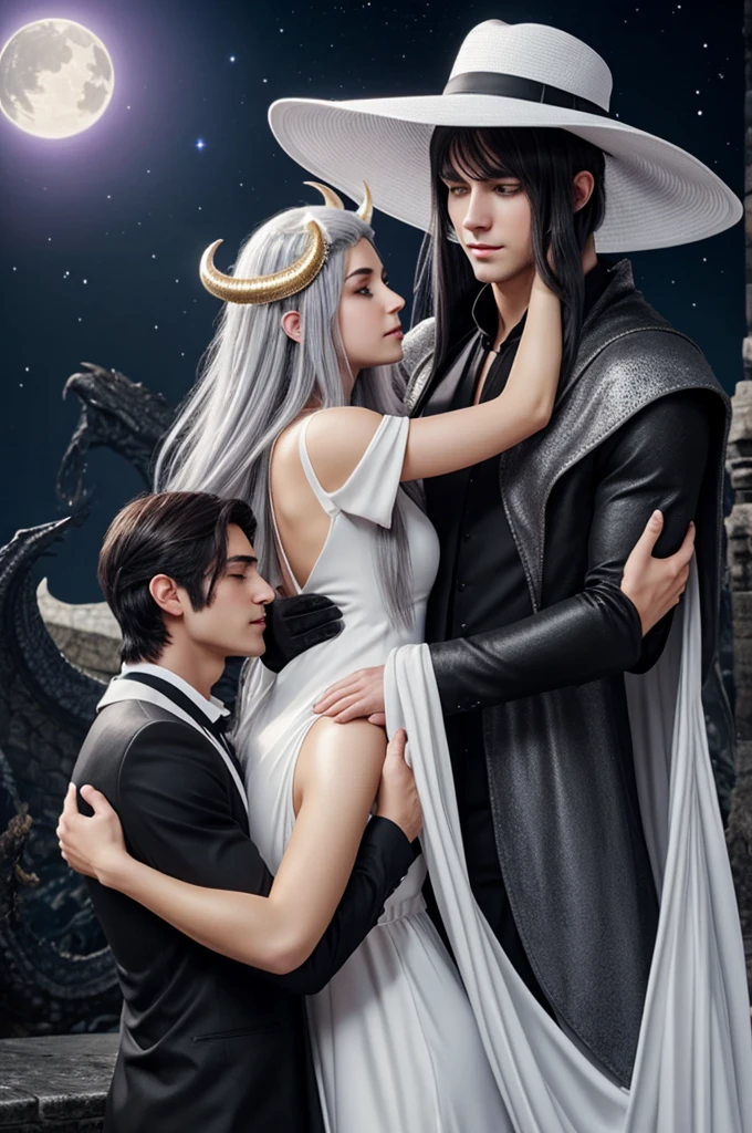 A young woman with gray hair,golden eyes and white dress,and big white hat..hugging a star,Next to him was a young man with violet skin, dark hair.,demon horns on the head..gray or black clothing..and a dragon tail