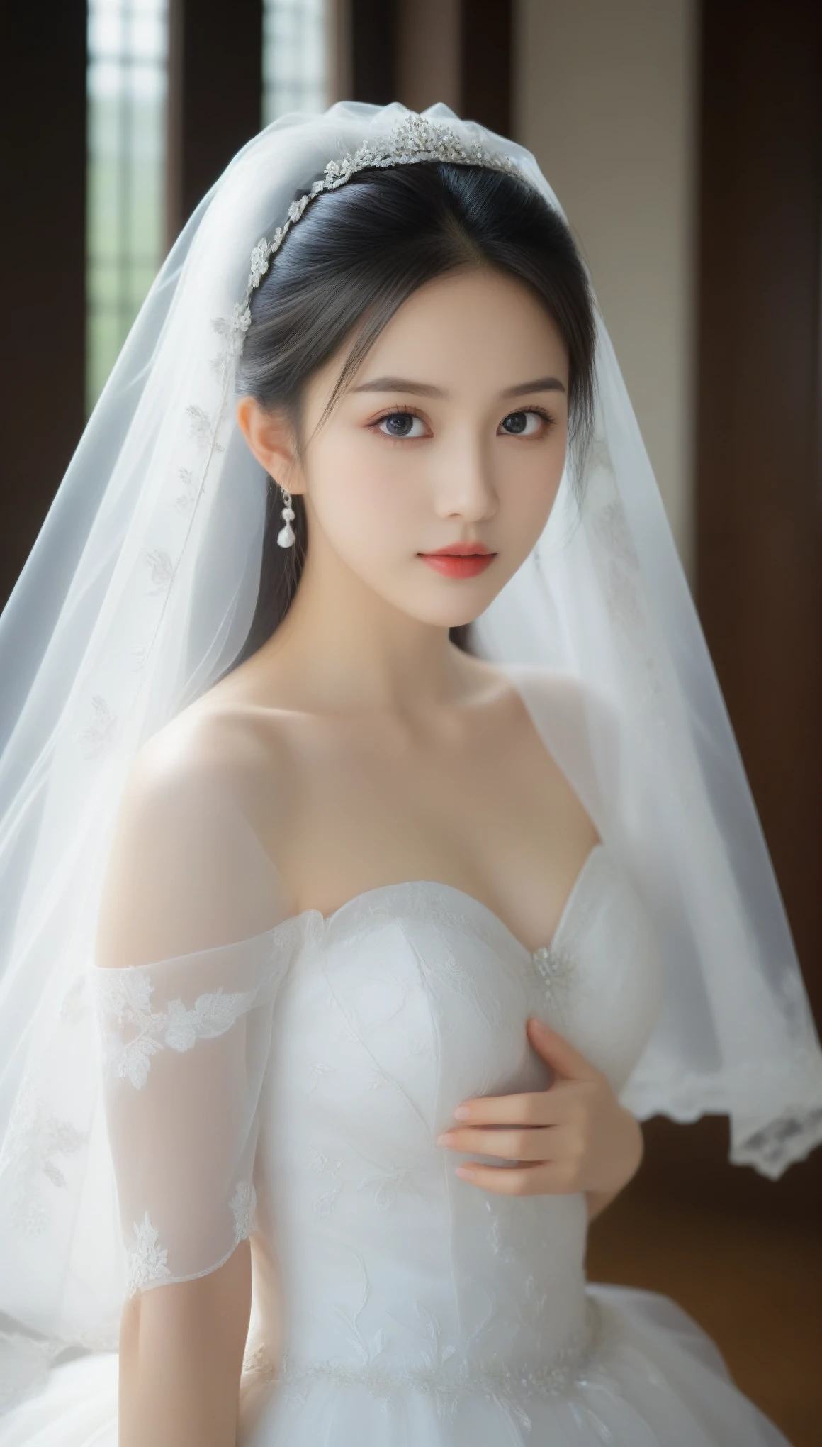 8k, Ultra-high resolution, Highest quality, masterpiece, 三分割法によるphotograph,Surreal, photograph, 1 Girl, (:1.3), pretty girl, Cute Face, Beautiful eyes in every detail, 細かくdetailedに,masterpiece,One Girl:1.2,Japan Female Teachers,full body,light smile,Long black hair,Straight long hair,(印象派の美しい少女のPortraiture),(Impressionist light and colour), (White Wedding Dress:1.3),(Fairy, bride, Shiny Hair, Beautiful dark eyes, So cute and beautiful,16 years old0.8),Sharp contours,Looking down, (Wedding Veil,White lace), ((Gothic cathedral)), (Stained Glass Windows:1), indoor, Light from above, Low contrast, (Side view),, Perfect and beautiful face ,完璧でCute Face, Skin with attention to detail, Perfect limbs、Narrow waist,Looking at the audience,(((Ideal body type))),A cup small breasts :2,Portraiture:2,Perfect Anatomy,鮮明なdetailed,detailed,Surreal,Light and shadow,glowing