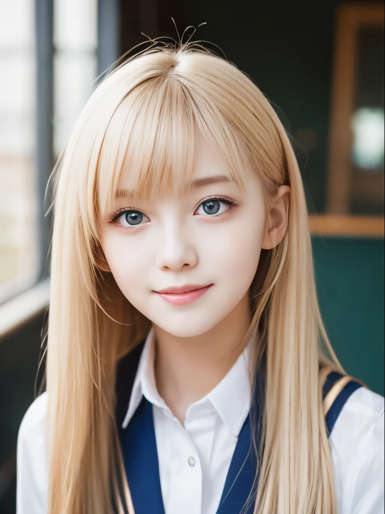Portrait、School uniforms、Bright expression、Younger, brighter, whiter skin、Best Looks、Blonde reflection、Platinum blonde hair with dazzling highlights、Shiny bright hair,、Super long, silky straight hair、Shiny beautiful bangs、Sparkling, clear, attractive big blue eyes、A very beautiful, lovely and cute 16 year old girl、Ample breasts、