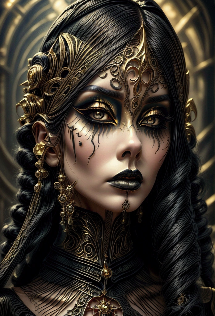 A woman with gothic fantasy makeup inspired by Guillermo del Toro, adorned with intricate golden designs. Her skin is pale and ethereal, with rich green and gold eyeshadows creating a mystical aura. The lips are painted in a deep black, and the face is contoured with dark, elaborate lines. Golden accessories accentuate the look, adding a touch of fantasy and darkness.