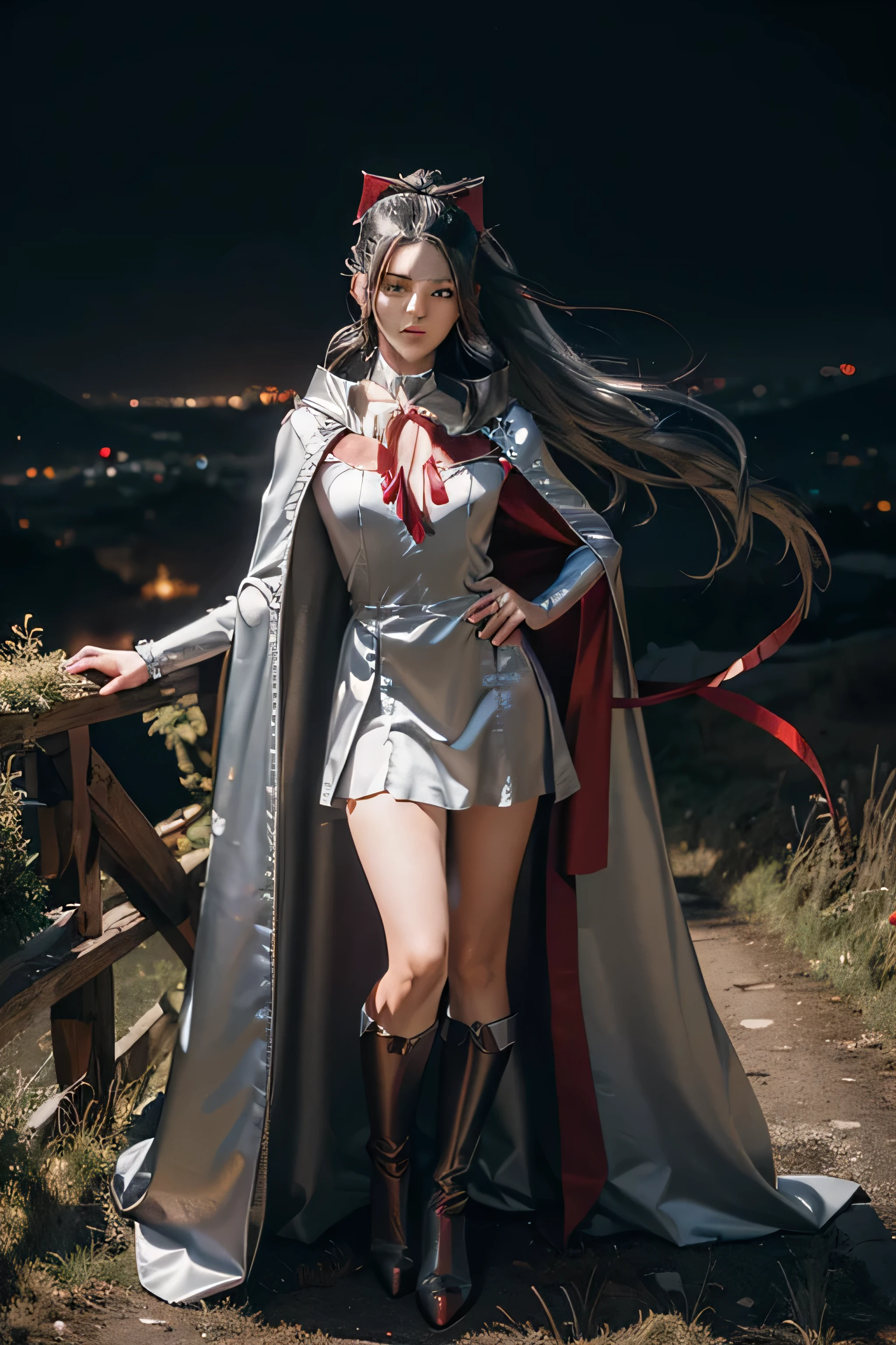 (RAW Photo) , (highly detailed:1.20) , ultra realistic :1.10) ,sexy girl in her 20s , (perfect face:1.20) , (detailed red eyes:1.20) , with long black hair in ponytail , (((long silver satin cape tied at the neck with a ribbon :1.20))) , full skirt ,  full body, standing on windy hilltop at night , full moon , high-quality ultra realistic style, detailed eyes, professional, expressive , 8K , highly detailed , professional,