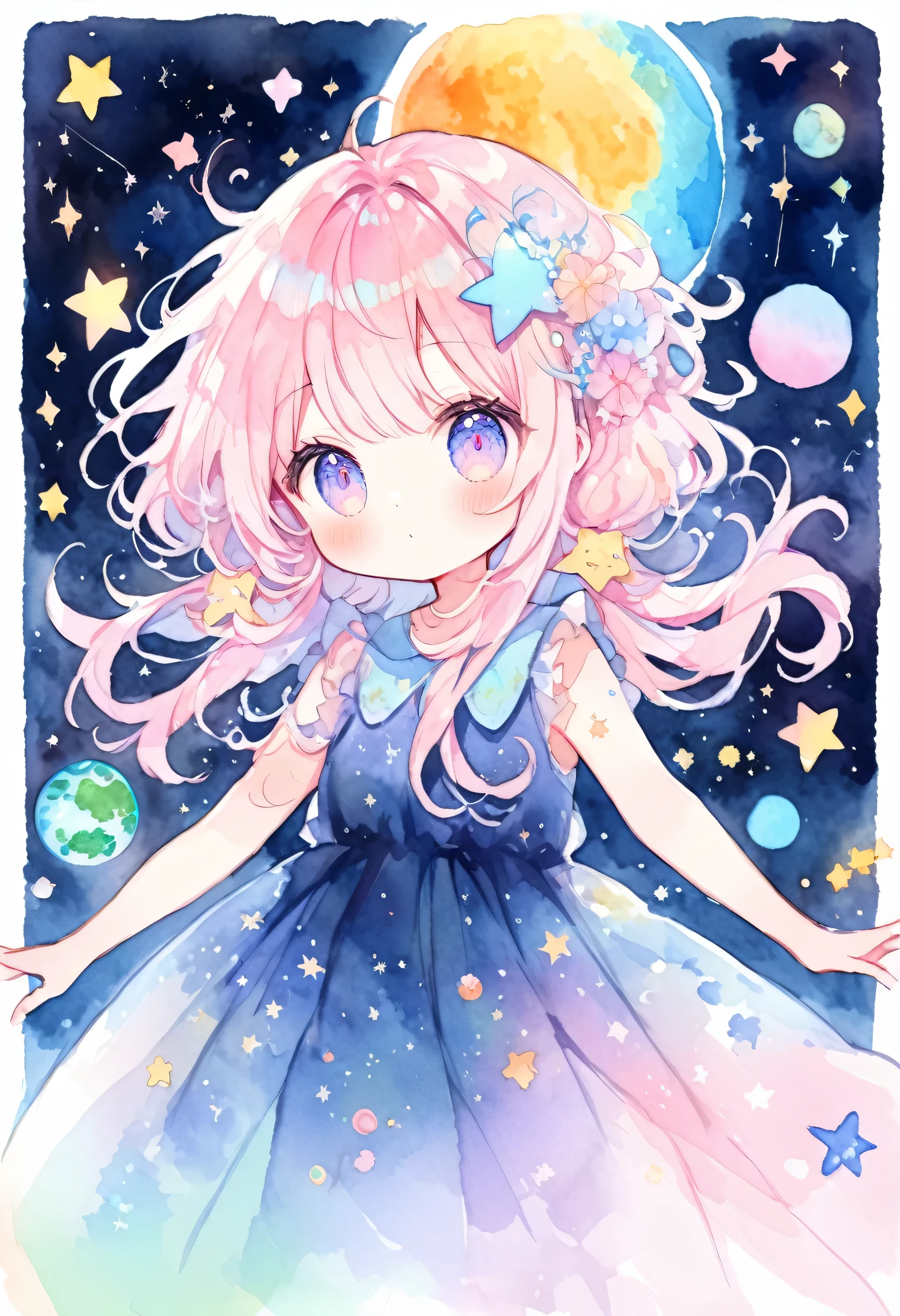 Earth from Space, Moon and sun, Twinkle Star々, ((A star shining in the darkness, Girl in a dress:1.2, pastel colour)), watercolor:1.2, Whimsical and delicate, Like a children's illustration'Books, Gentle brushwork, dim, The pale colors create a fantastic atmosphere., Drawing on a vast scale, Fancy Art.