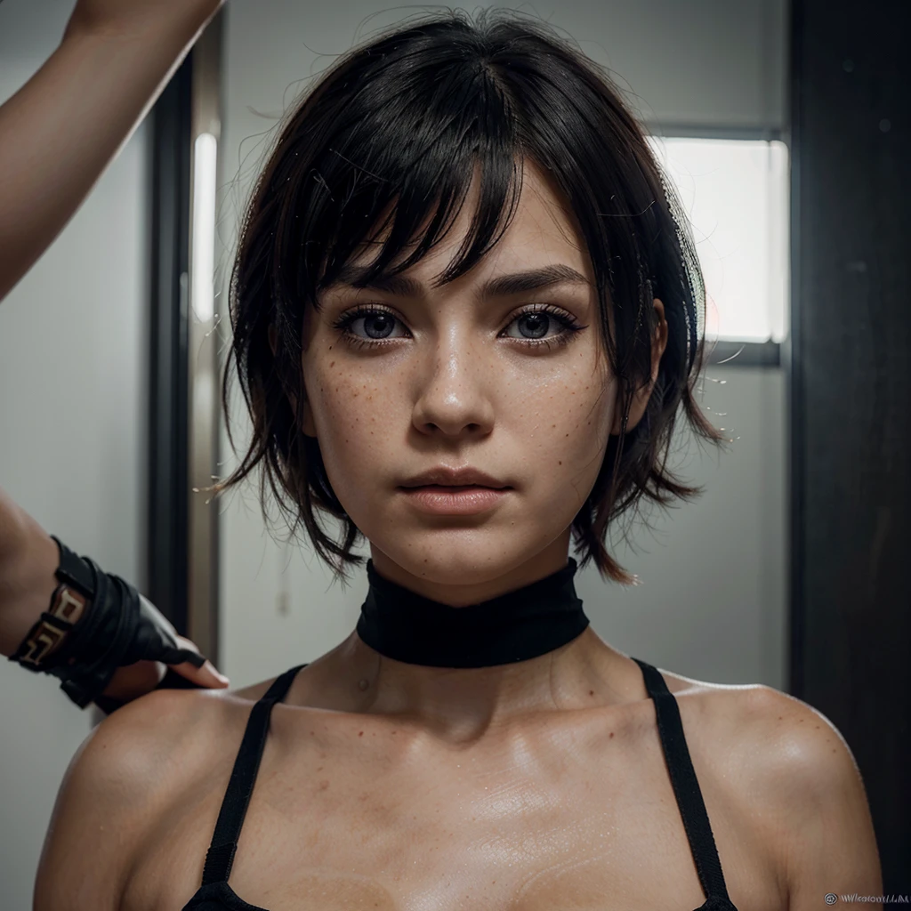 create images A young woman with short hair, dark and slightly messy, with bangs that fall softly on her A warrior. He has a serious expression and an intense look with large, dark eyes that stand out on his face.. Her skin is light and she has some visible freckles.. She wears a black top with straps. Your skin glows slightly, reflecting natural light, White background, realistic, 3D, style photorealistic anime 3 d stlyle, 2. 5 d cgi anime fantasy atwork, realistic anime style at prixiv, Artgerm ; 3D unreal engine
