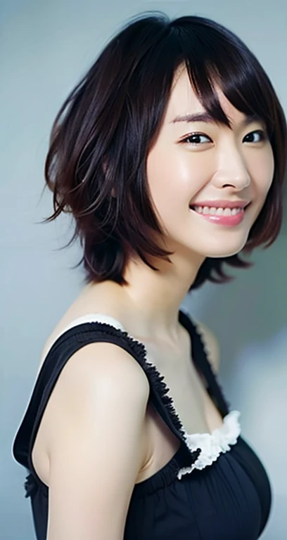 Highest quality, masterpiece, Ultra-high resolution, (Realistic:1.4), RAW Photos, One Girl, Beautiful Japanese Woman, Beautiful Skin, Black Hair:1.7, gakki, ((short hair:1.5)), 30 years old, Smile happily:1.2, Swimwear, tits