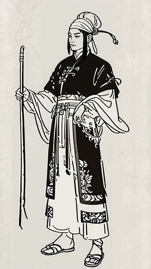 (((Monochrome)))、(((Ink Painting)))、((ancient China、Handsome young man with hair in a bun and wearing a white swimming cap))、Have a long stick、Clenched Fist、Line art、Oriental、Ultra-high resolution、Game Poster、Crisp and beautiful image quality、whole body ,(ancient China鎧, Dragon head on shoulder, (ancient China鎧 with intricate pattern:1.2), gloves, Long trousers, (Very detailed, bloom:1.5), (Highest quality, Concept Art, 4K), (analog:1.2), (high sharpness), (Detailed pupil:1.1), Detailed face and eyes, masterpiece, Highest quality,8k, (Black Hair, Dynamic Short Hair), (PurerosFace_v1:0.2), [:(Detailed face:1.2):0.2], sharp, Realistic Shadows,  