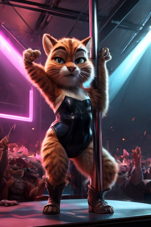 a boy and a girl in leotards doing pole dancing, DreamWorks animated movie Puss in Boots style, highly detailed, ultra-realistic, 8k, sharp focus, studio lighting, vivid colors, volumetric lighting, dramatic lighting, cinematic, masterpiece