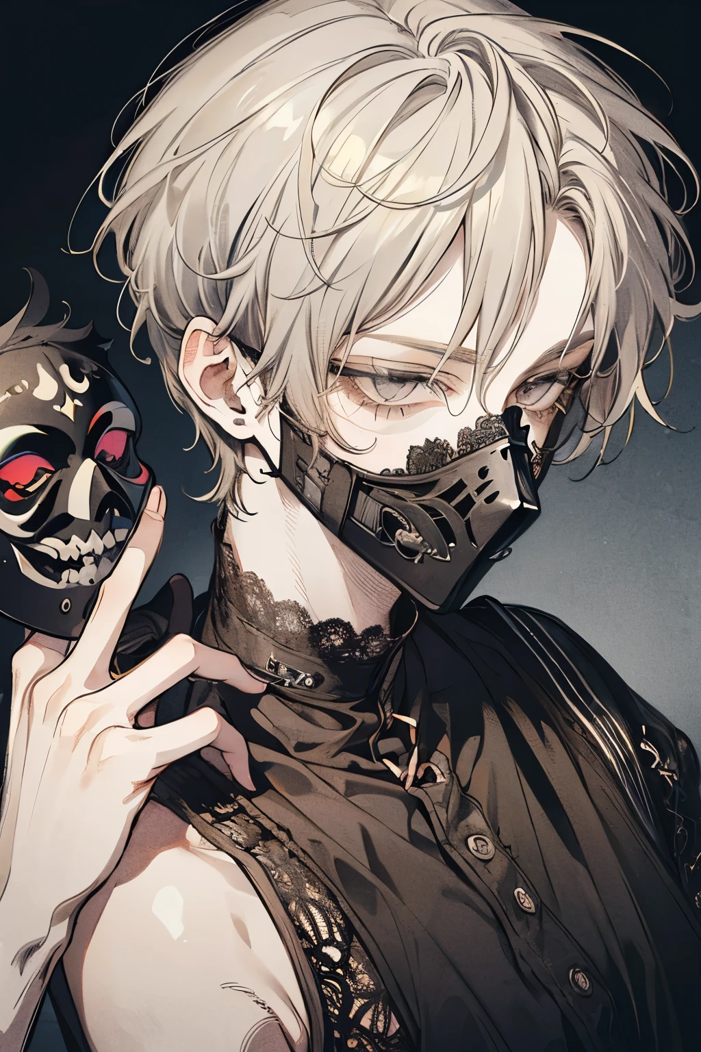 Beautiful young man, yellow-haired, ((Gray eyes)),(short wave hair:1.2), (Black mask:1.2), White tank top,(lace wear),High quality, amount of drawing, pixiv illustration,(hand sign:1.2),((perfect hand:1.1)),close-up Face.