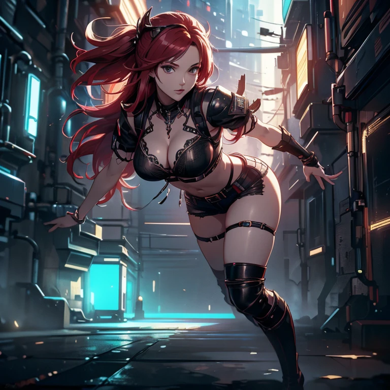 (artwork, highest quality, highest resolution, distinct_image, detailed details): (8K, 4K, best quality, High resolution: 1.2), artwork, Ultra-detailed, hyper details, cinematic Light, Alone, woman, red hair, ripped black bra, black short shorts, black boots, clothes with futuristic details, highlighting the breasts, perfect body, thin waist, heroine pose, mature, perfect face, full body, looking at the viewer, detailed_background, full_body, dynamic_angle