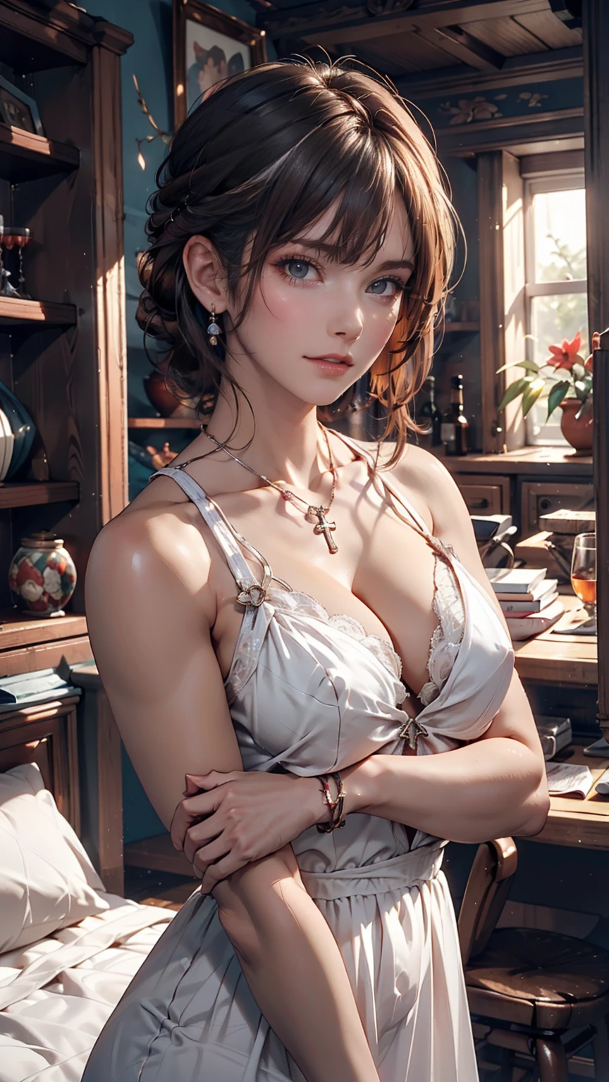 Worried look、Silver Hair、Side-swept chignon((good site))、Cross halter summer dress、Cleavage Emphasis、Nipple swelling emphasis、Clasp your arms in front of your chest、Looking up