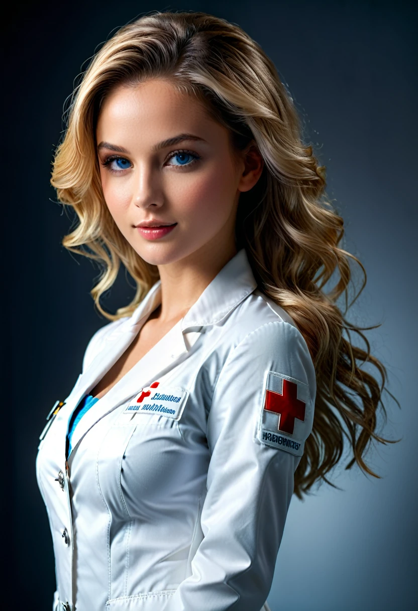 (masterpiece, photorealistic:1.4, extremely intricate:1.6), (photon mapping, radiosity, physically based rendering, ultra resolution, hyper-realistic, photorealistic:1.4, hyper-realistic, 8K, rtx), ((twenty years old [athlete:supermodel:0.5], (age girl, (((strong cheekbones)), humid, glisten, closeup portrait, (white polyester nurse jacket, white labcoat, unbuttoned, open)), long straight [bright blonde hair:pink hair:0.8], [medium breasts:large breasts:0.5], [clear eyes:blue eyes:0.3]), blue latex gloves), red cross) Fantasy, BREAK, (((bedroom, bed, dim, shadows, smirking, looking away, dynamic action pose)))
