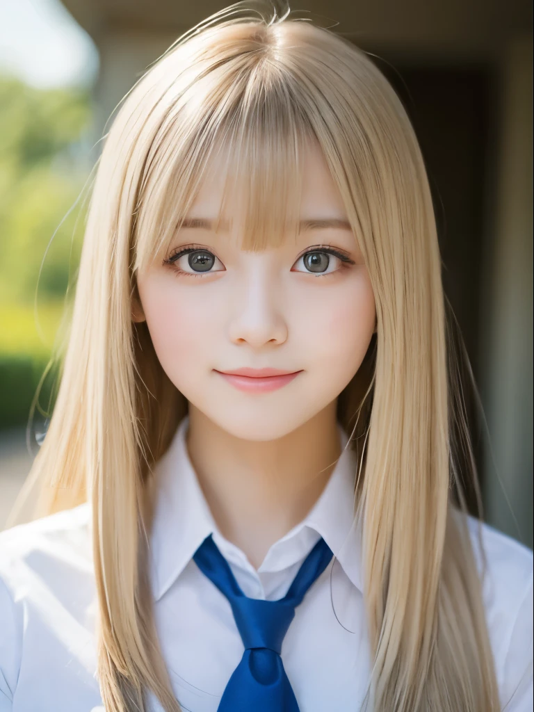 Portrait、School uniforms、Bright expression、Younger, brighter, whiter skin、Best Looks、Blonde reflection、Platinum blonde hair with dazzling highlights、Shiny bright hair,、Super long, silky straight hair、Shiny beautiful bangs、Sparkling, clear, attractive big blue eyes、A very beautiful, lovely and cute 16 year old girl、Ample breasts、