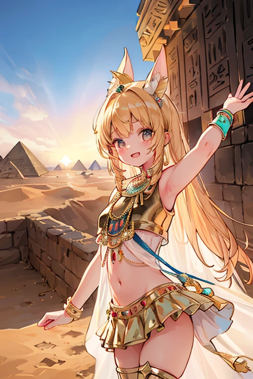 (1girl ,solo,20s,mature female),blonde hair,long hair,cat ears,yellow eyes,(((tanned skin))),(Egypt, blue sky, sun),white egypt oufit,bare shoulders,looking at view,sad,crying,sitting