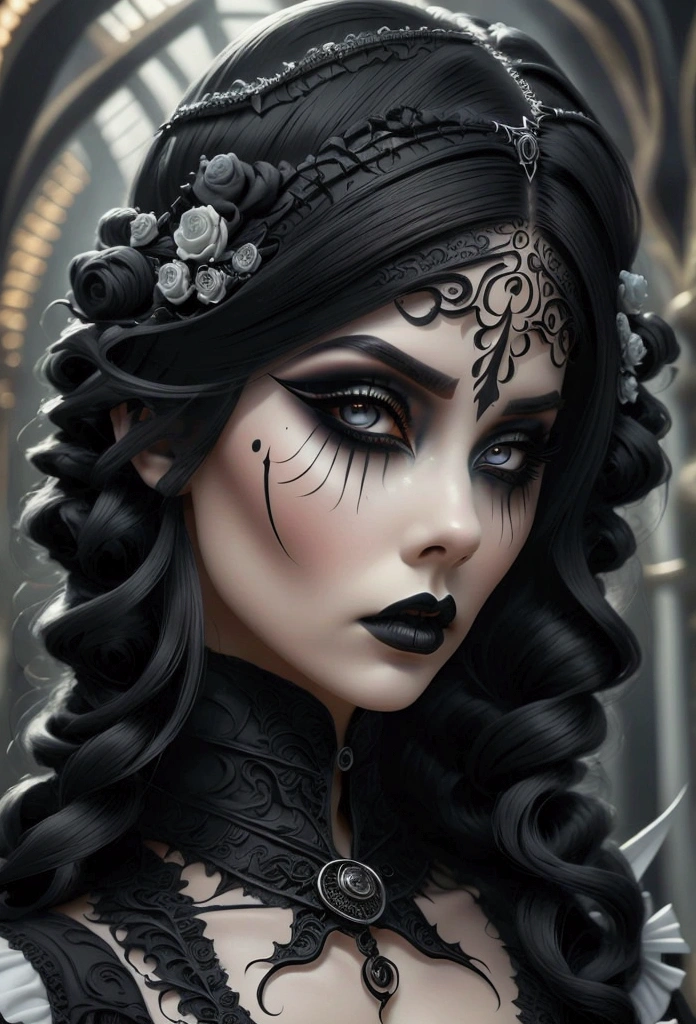 A woman with gothic fantasy makeup inspired by Tim Burton, featuring dark tones, whimsical designs, and dramatic eye details. Her skin is porcelain white, with exaggerated dark circles under her eyes and high-arched thin brows. The lips are painted in a deep black, and the eyes are surrounded by intricate, whimsical patterns in black and white, evoking a surreal and eerie charm