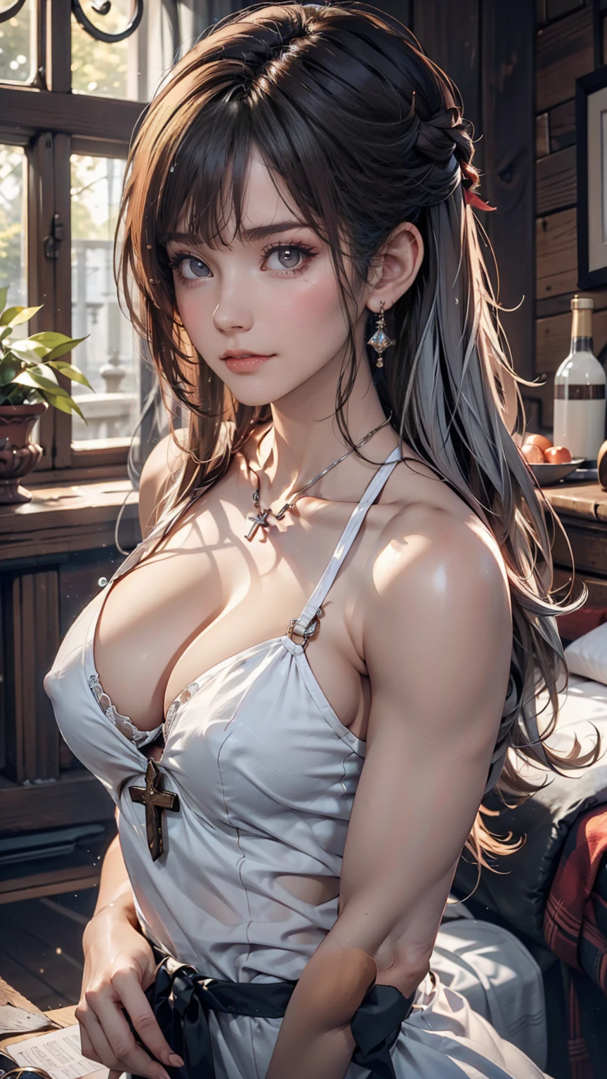 Worried look、Silver Hair、Side-swept chignon((good site))、Cross halter summer dress、Cleavage Emphasis、Nipple swelling emphasis、Clasp your arms in front of your chest、Looking up