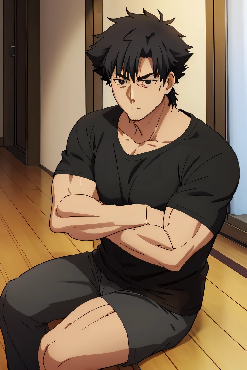 Kiritsugu is sitting and flexing his arms. He wears a black tshirt with short sleeves. His right sleeve is completely rolled up, so you can see his entire arm and shoulder. He wears black short boxershorts. You can see his thighs completely. He has a huge bulge. You can see his abs too. He is admiring his arms.