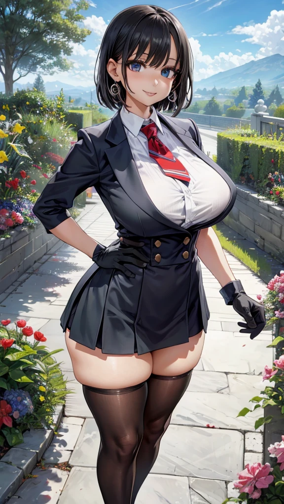 Face Focus , ((Highest quality)), ((Tabletop)), Perfect Face, （((Black knee-highs))) ,   Official Art,Black knee-highsソックス,Beautiful Face,smile,Standing posture,black tights,(((Thick thighs))),(((One Woman))),short hair,Black Hair,Plump,Inside the room,uniform,((((Black gloves)))),tie,Earrings,((Large Breasts)),Standing posture,valley,mini skirt,blue sky,Outdoor,garden,