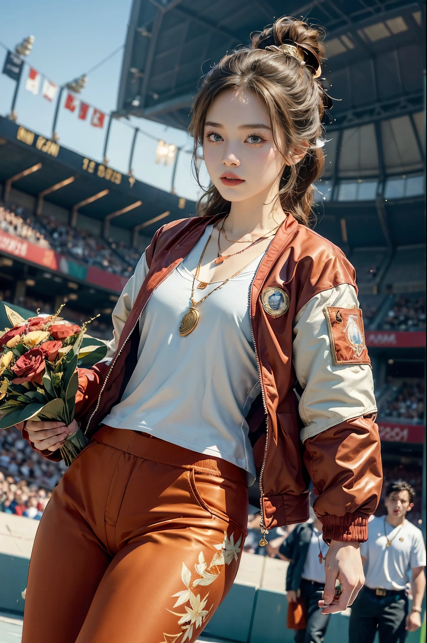 (((best quality))),(((ultra detailed))),(((masterpiece))),illustration,((1girl,athlete,solo)),stadium,podium,(((red sports jacket,red tight-fitting sports pants))),(necklace of gold medal:1.5),(bouquet of flowers:1.2),neatly tied back hair,striking facial features,determination,pride,smile,confidence,joy,excited crowd,applause,spectators,team colors,flags,banners,lush green grass,clear blue sky,stadium architecture,towering columns,grandeur,scoreboard,victory,determination,perseverance,triumph