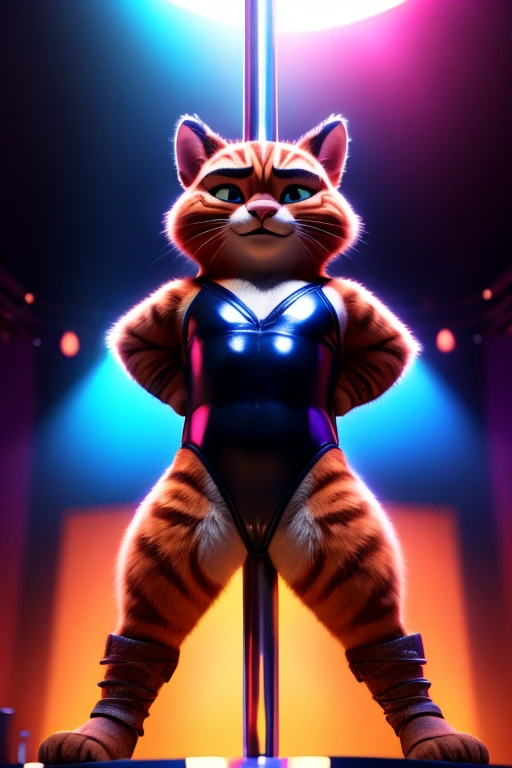 a boy and a girl in leotards doing pole dancing, DreamWorks animated movie Puss in Boots style, highly detailed, ultra-realistic, 8k, sharp focus, studio lighting, vivid colors, volumetric lighting, dramatic lighting, cinematic, masterpiece