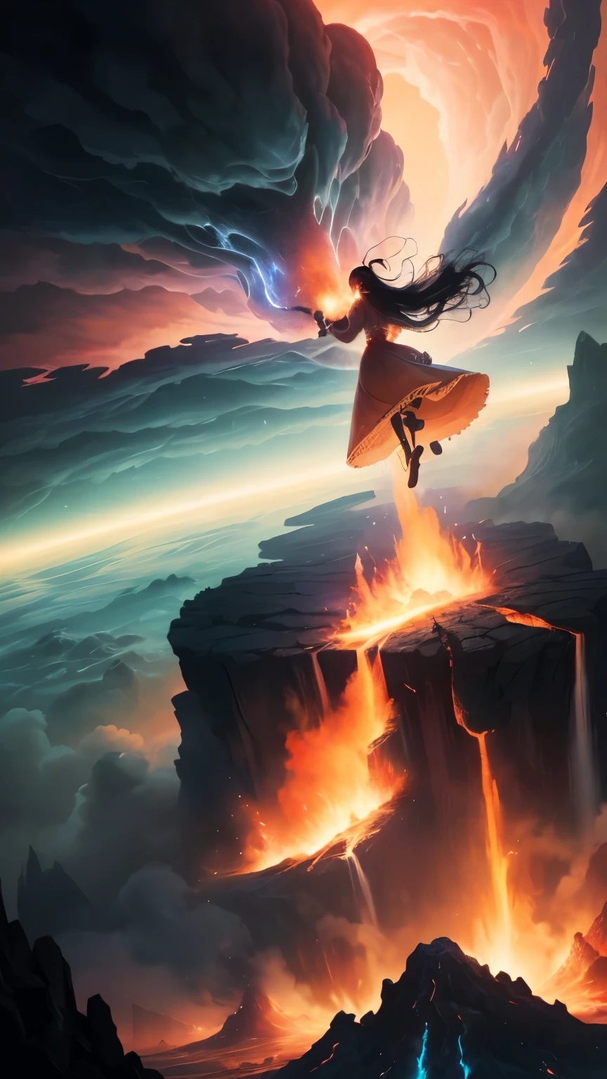 ((best quality)), ((masterpiece)), (detailed), A digital illustration of a furious woman in a peach color princess dress with long black hair flying in the air surrounded by monsters, with a tornado and lava in the background