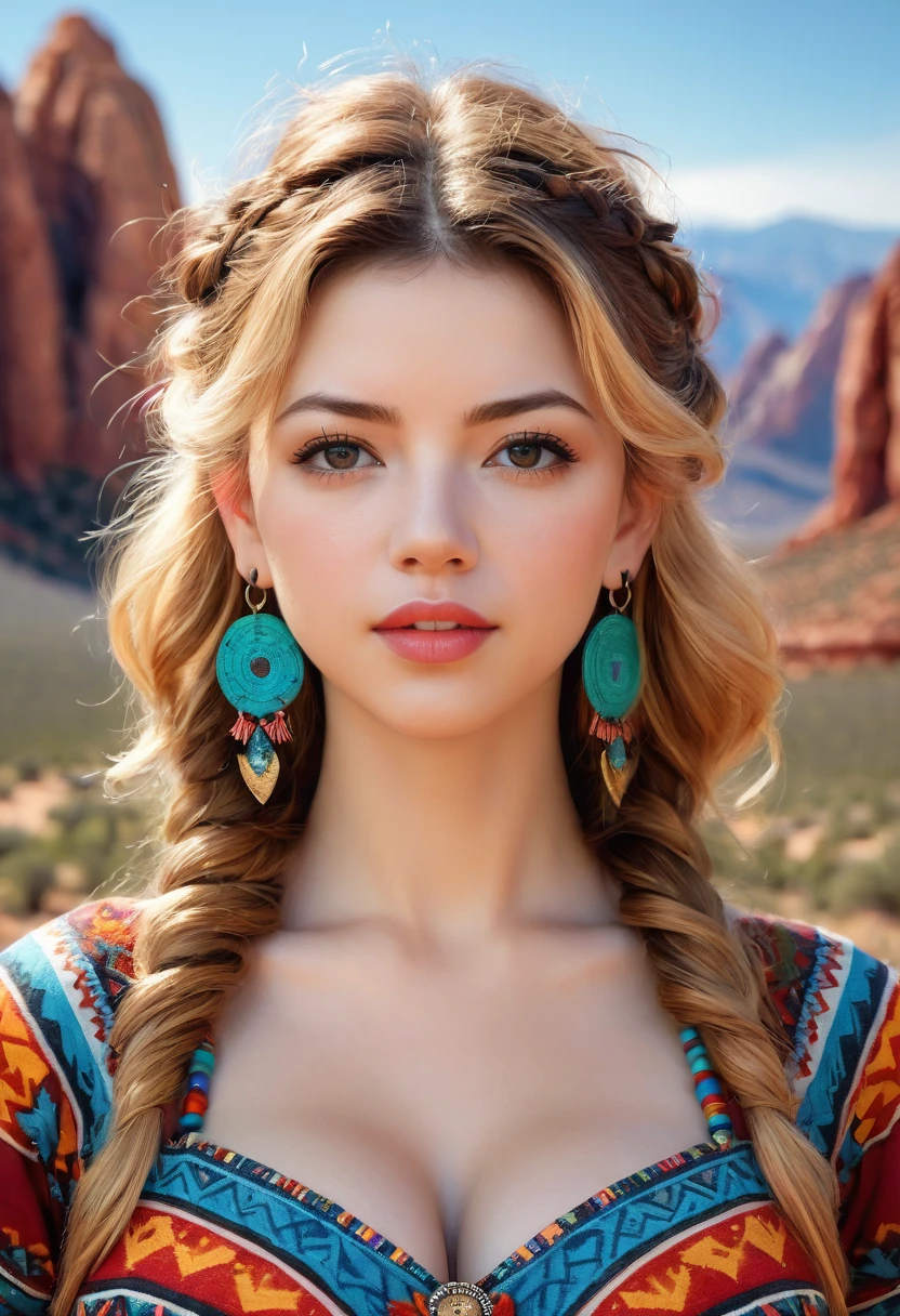 Beautiful boho women stunning merge of Masiela Lusha with colorful southwestern style dress. colorful southwestern earing and. jewelry, blond colored hair that is coarse, wiry, and tightly curled. It often has a rough texture, feels stiff to the touch, and may be prone to frizz and tangling. The curls can be densely packed. The Official Art – An Award-Winning Digital Masterpiece In 4K Ultra HD, Extreme Detail And Intricate Realism. symmetrical face. This Concept Art Brought To Life By The Hands Of Artists Like Wlop & Artgerm In A Stunning 2D Vector Illustration. large, perky, full, vuluptious, symmetrical and spherical breasts. Background is a beautiful panoramic vista of a red rock canyon.
