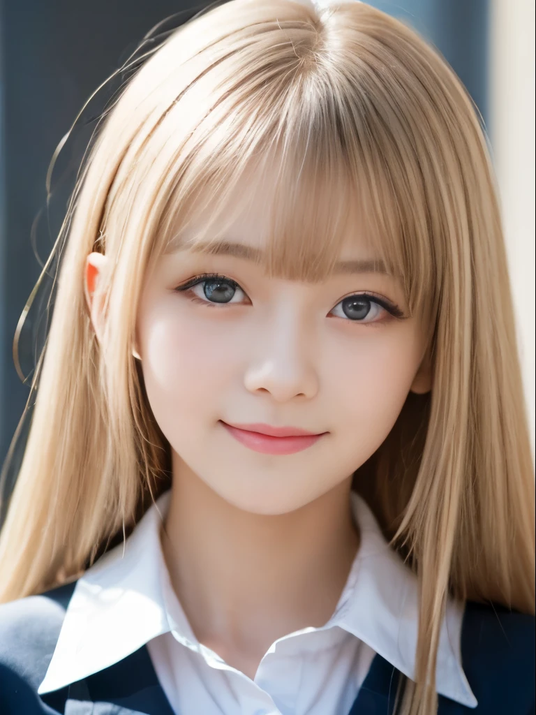 Portrait、School uniforms、Bright expression、Younger, brighter, whiter skin、Best Looks、Blonde reflection、Platinum blonde hair with dazzling highlights、Shiny bright hair,、Super long, silky straight hair、Shiny beautiful bangs、Sparkling, clear, attractive big blue eyes、A very beautiful, lovely and cute 16 year old girl、Ample breasts、