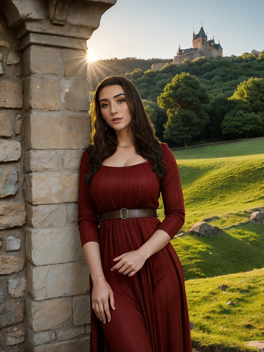 Gorgeous and sultry busty athletic (thin) brunette queen with sharp facial features wearing a modest updo, dark red medieval dress, long sleeves, intricate patterns, scrollwork, wide neck, crown, veil, long dress, modest dress, tight bodice, silver belt, (waist chain), medieval jewelry, Middle Ages, castle, rampart, wall, exterior, on top of a castle wall, trees, countryside, evening, sunset.