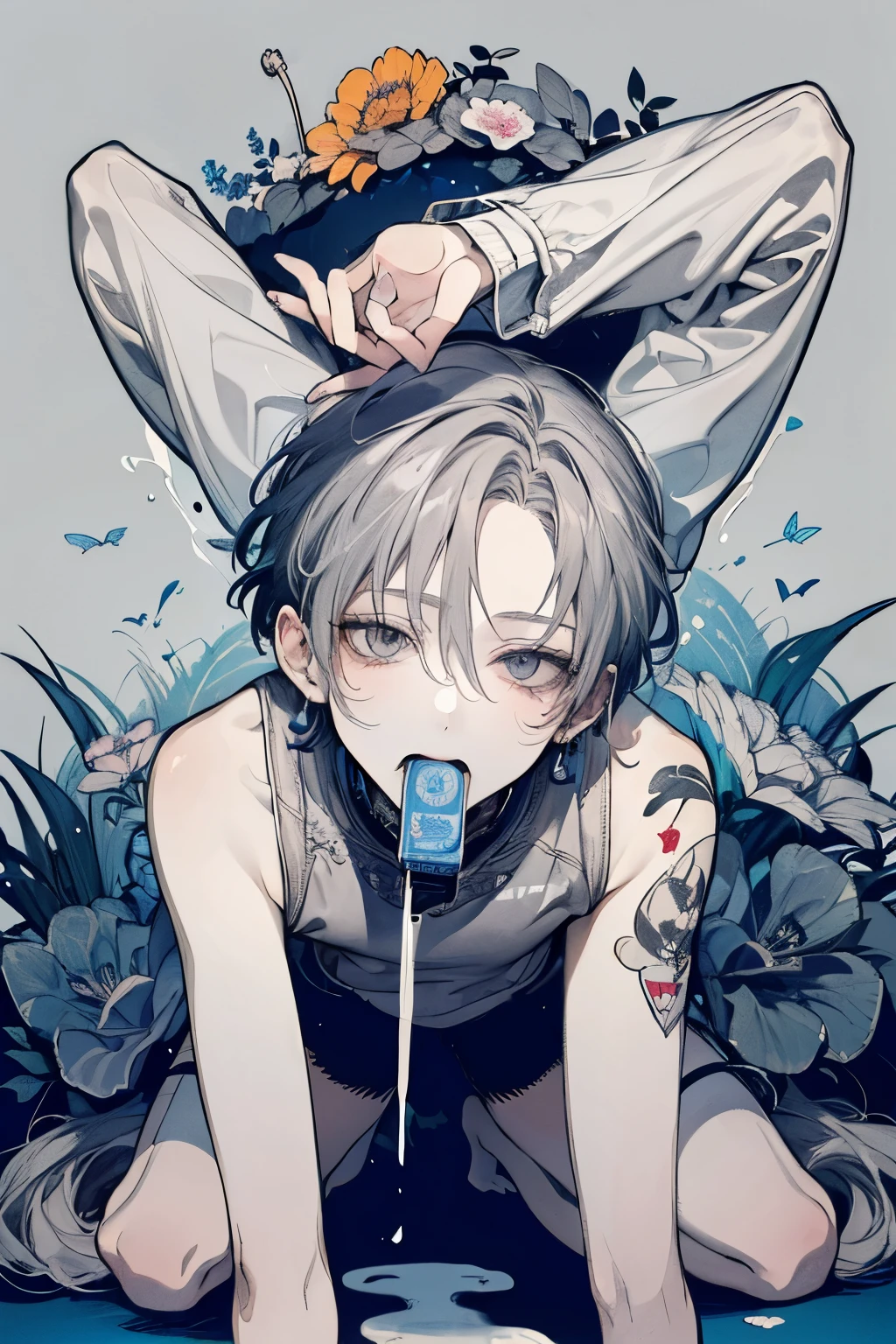 Beautiful young man, darkblue-haired, ((Gray eyes)),(short wave hair:1.2), (gag:1.2),Jersey,clear wear,High quality, amount of drawing, pixiv illustration,(animal sticker:1.2),(NSFW:1.3),((spread legs:1.1)),(crawl on all fours:1.1),((arms up:1.2)).