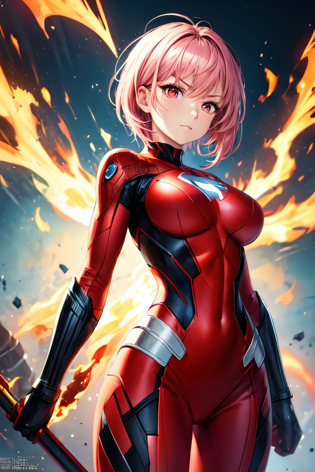 beautiful woman, short pink hair, red eyes, superhero outfit, red details, fire powers, big bust, calm expression, high quality